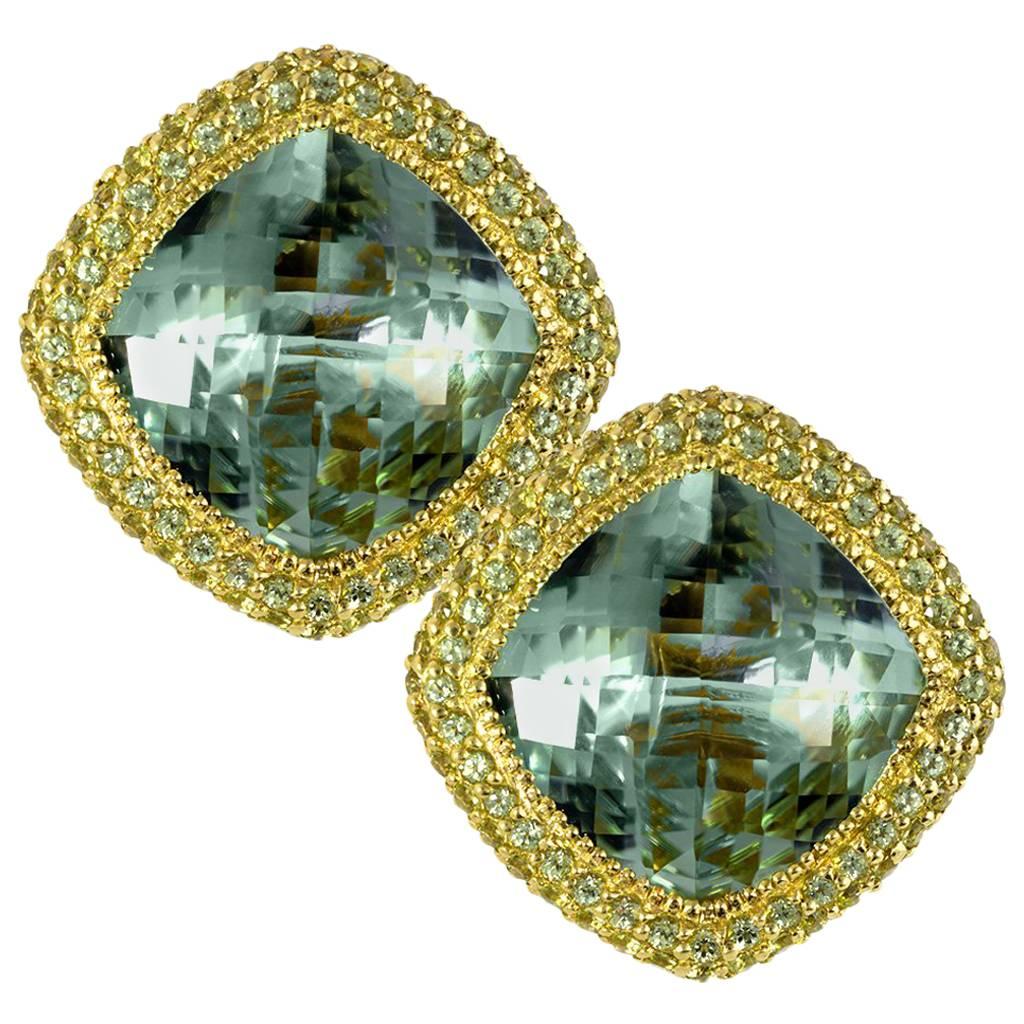 Green Amethyst Peridot Yellow Gold Stud Earrings One of a kind Handmade in NYC