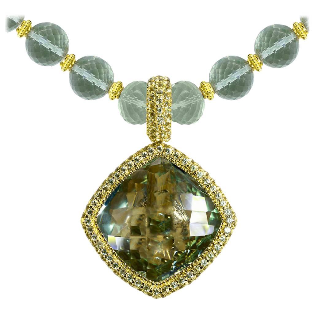 Green Amethyst Peridot Royal Gold Necklace Pendant One Of A Kind Handmade in NYC