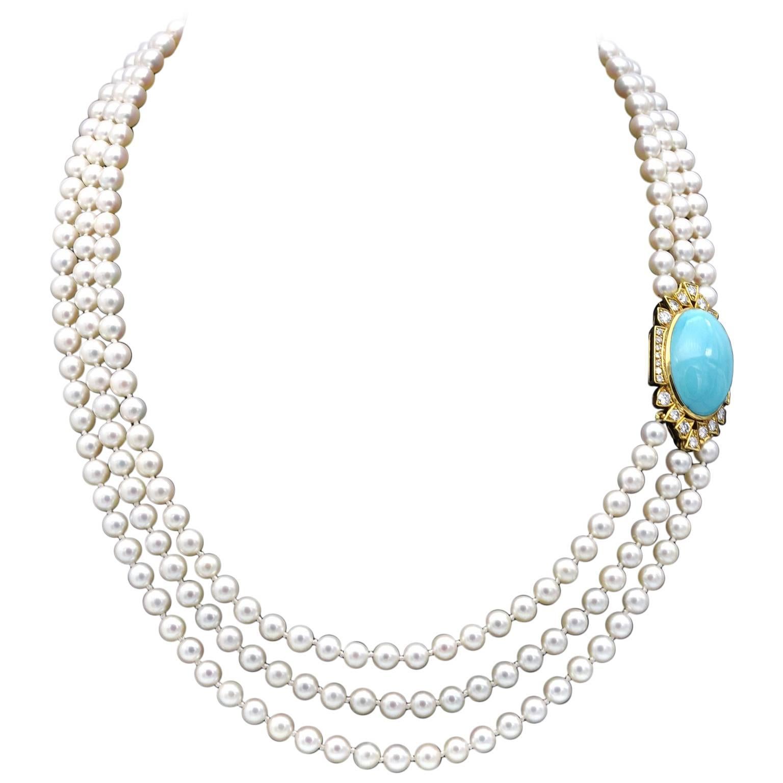 Turquoise, Diamond and Gold Three Strands of Pearl Opera Necklace