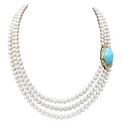 Turquoise, Diamond and Gold three Strands of Pearl Opera Necklace 3