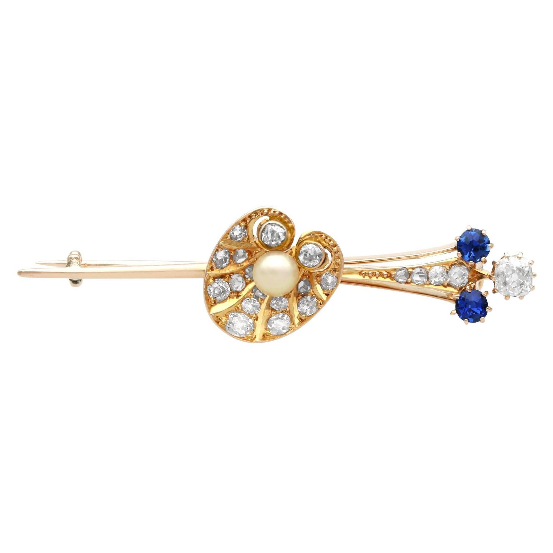 Antique Diamond, Sapphire, Pearl and 12k Yellow Gold Shell Bar Brooch For Sale