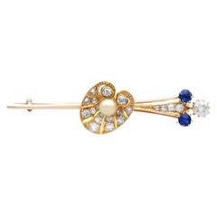 Antique Diamond, Sapphire, Pearl and 12k Yellow Gold Shell Bar Brooch