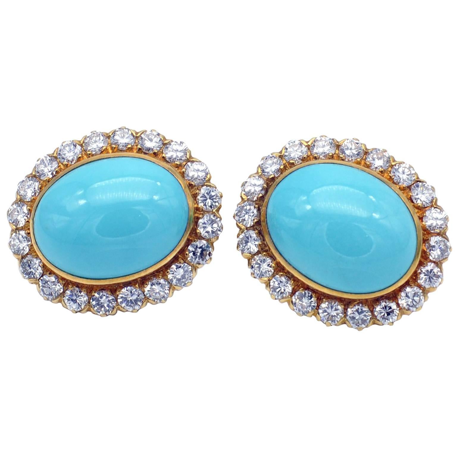 Turquoise and Diamonds Gold Earings