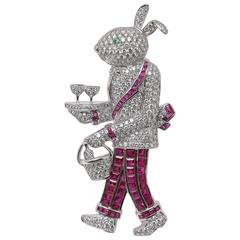 Ruby Emerald Diamond Gold Rabbit Waiter Brooch