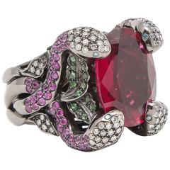 Rare Rubelite Tourmaline Diamond Gold Snake Ring
