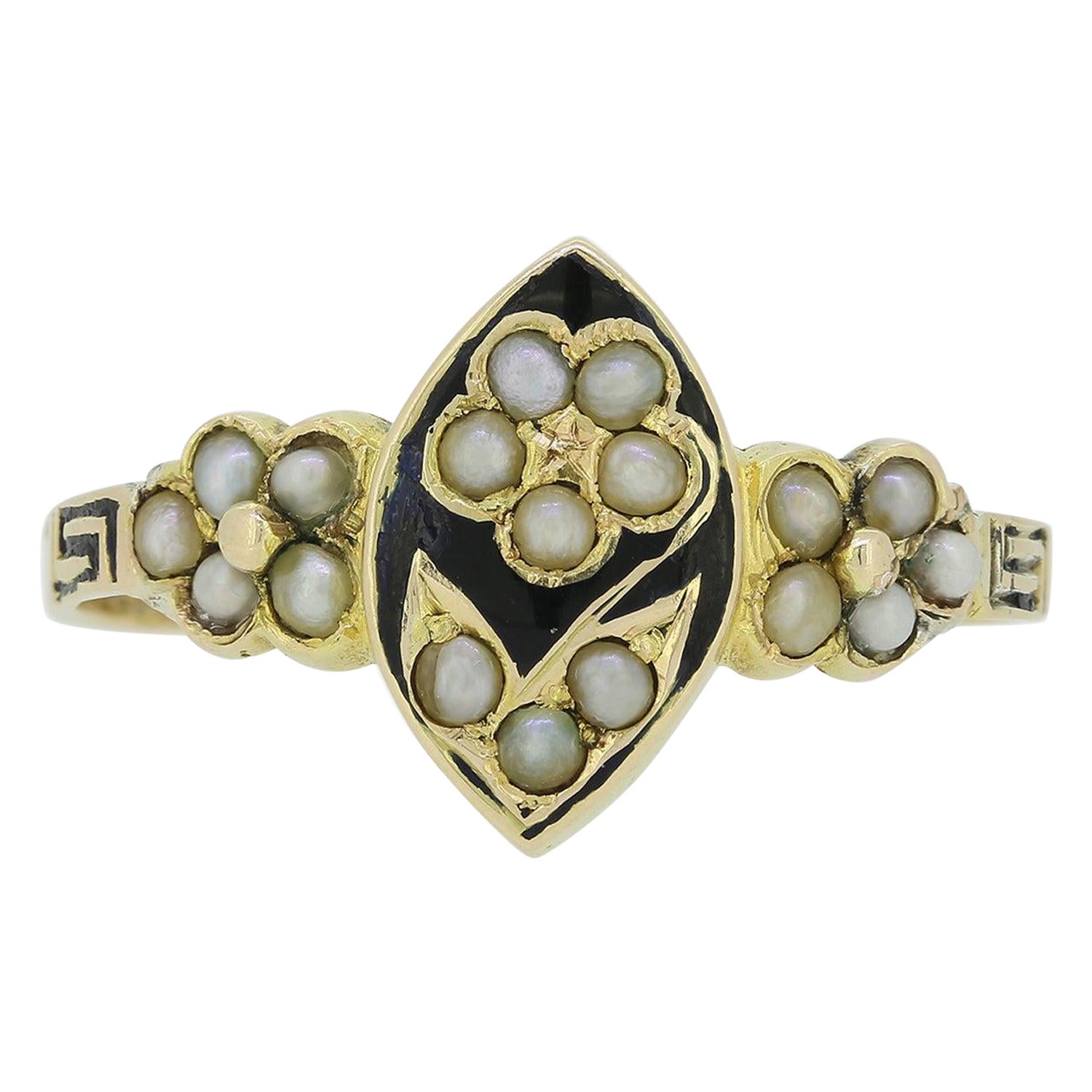 Victorian Pearl and Black Enamel Flower Ring For Sale