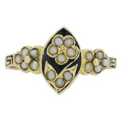 Used Victorian Pearl and Black Enamel Flower Ring
