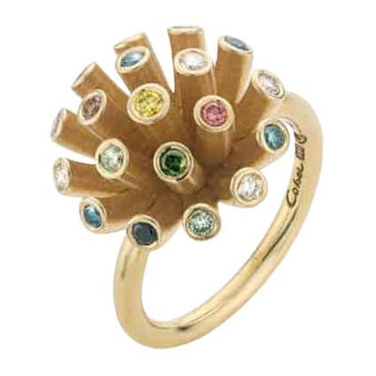 Cober handmade 14K Yellow Gold with 19colored Diamonds total weight 0.55 ct Ring For Sale