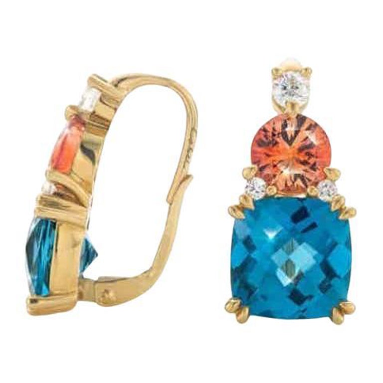 Boucles d'oreilles en or jaune 18 carats faites à la main avec topaze, saphir et diamants de 3,6 carats en vente