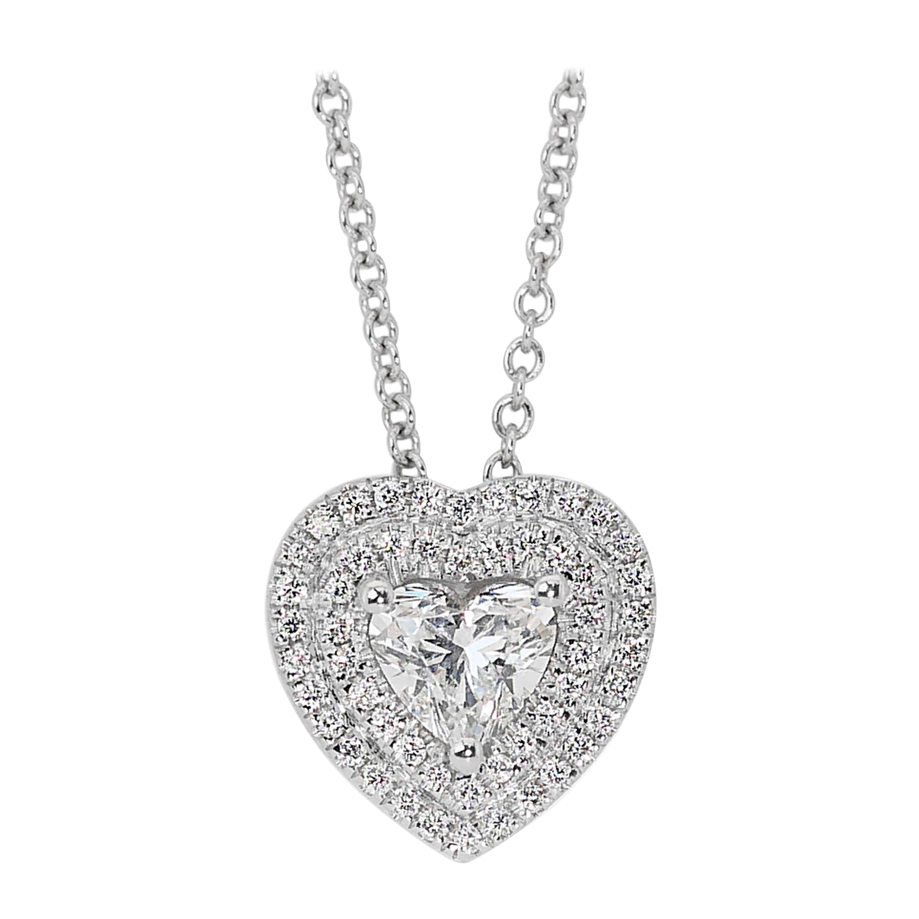 Elegant 0.80ct Heart-Shaped Diamond Halo Necklace in 18k White Gold - GIA Certif For Sale