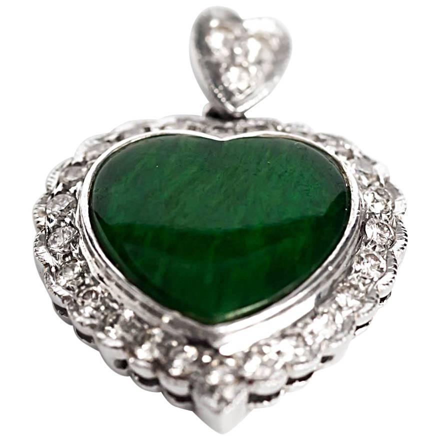 2000s White Gold GIA Certified Heart Jade and Diamond Pendant