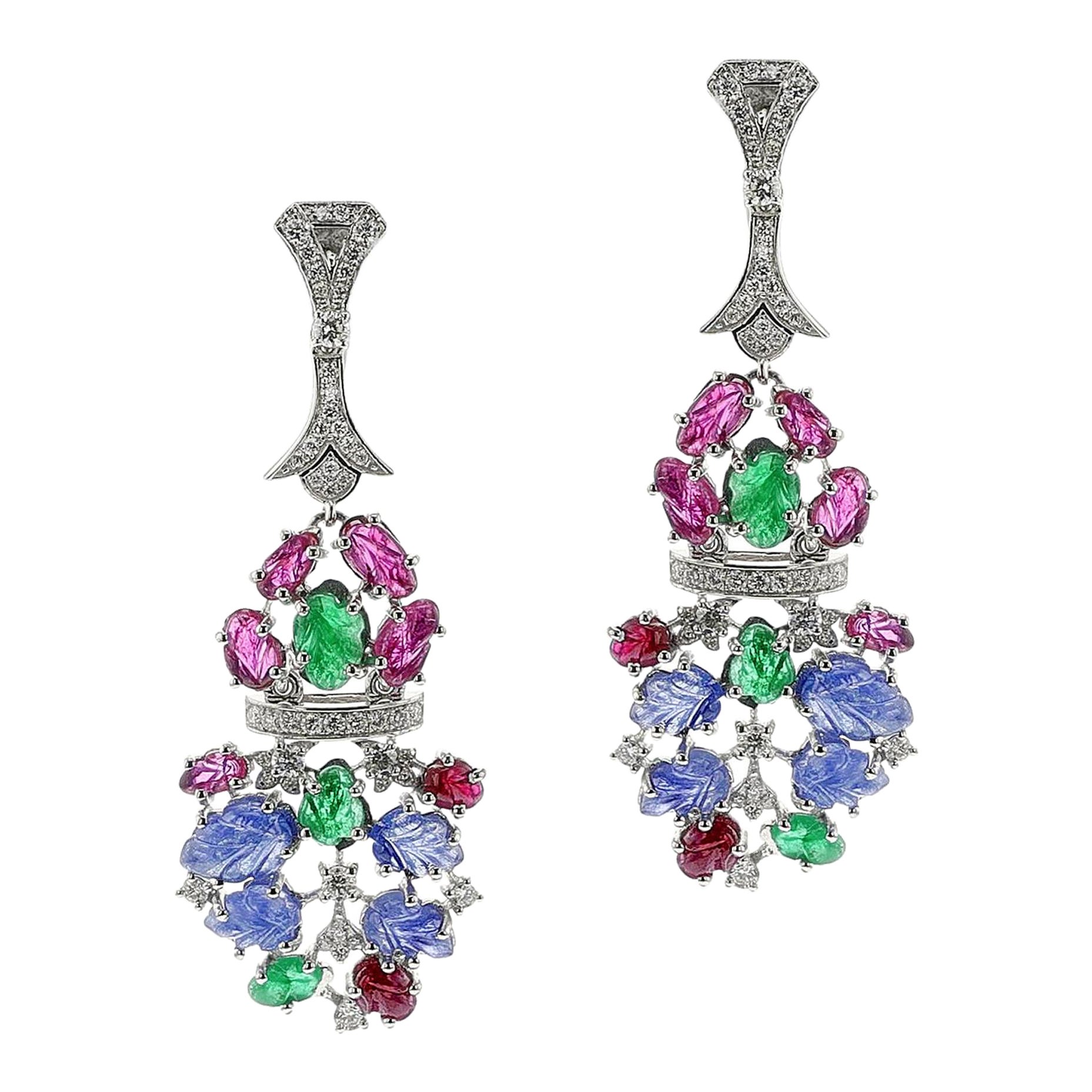 Carved Ruby, Emerald, Sapphire and Diamond Dangling Earrings, 18k For Sale