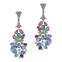 Vintage Carved Ruby, Emerald, Sapphire and Diamond Dangling Earrings, 18k