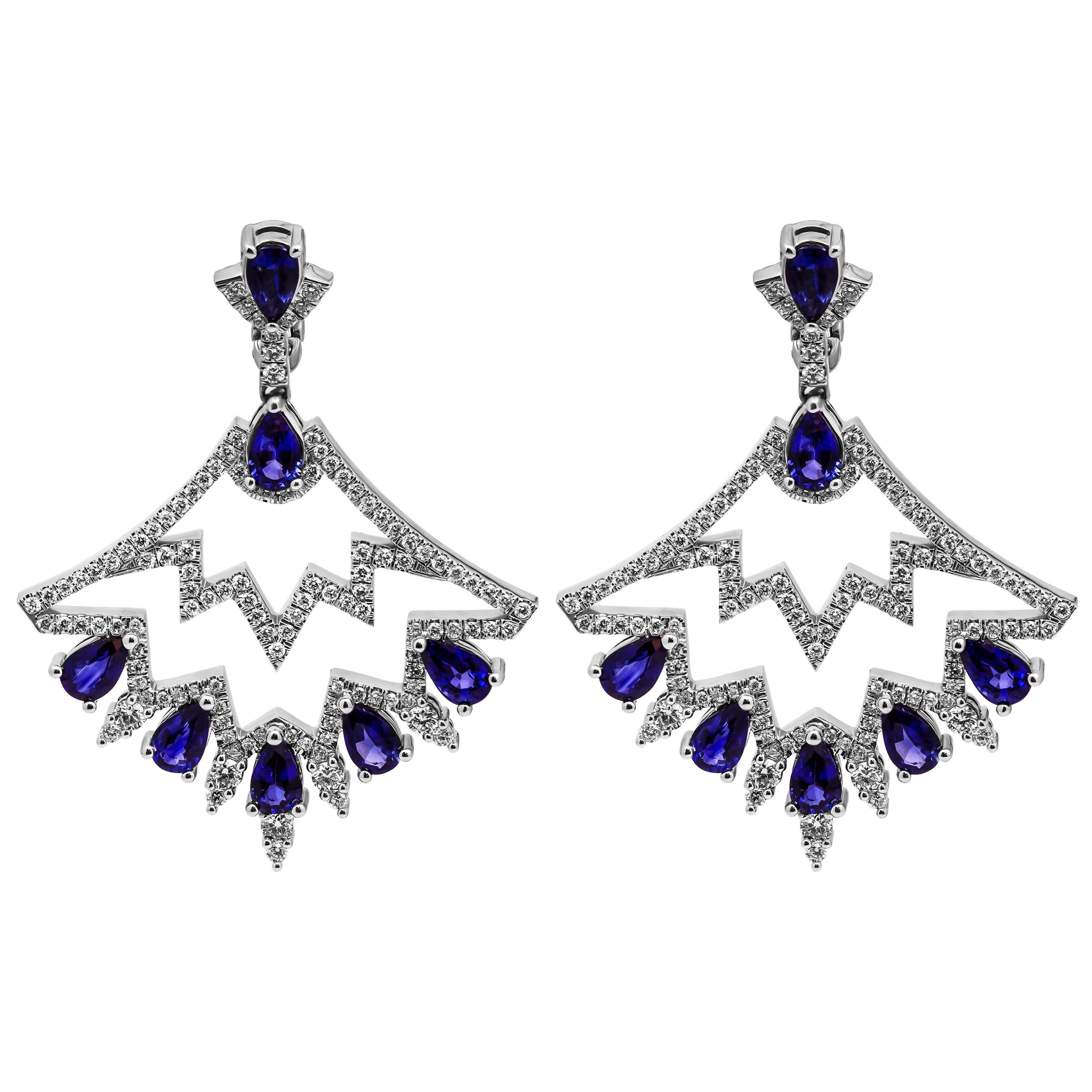 Blue Sapphire Chandelier Diamond Earrings For Sale