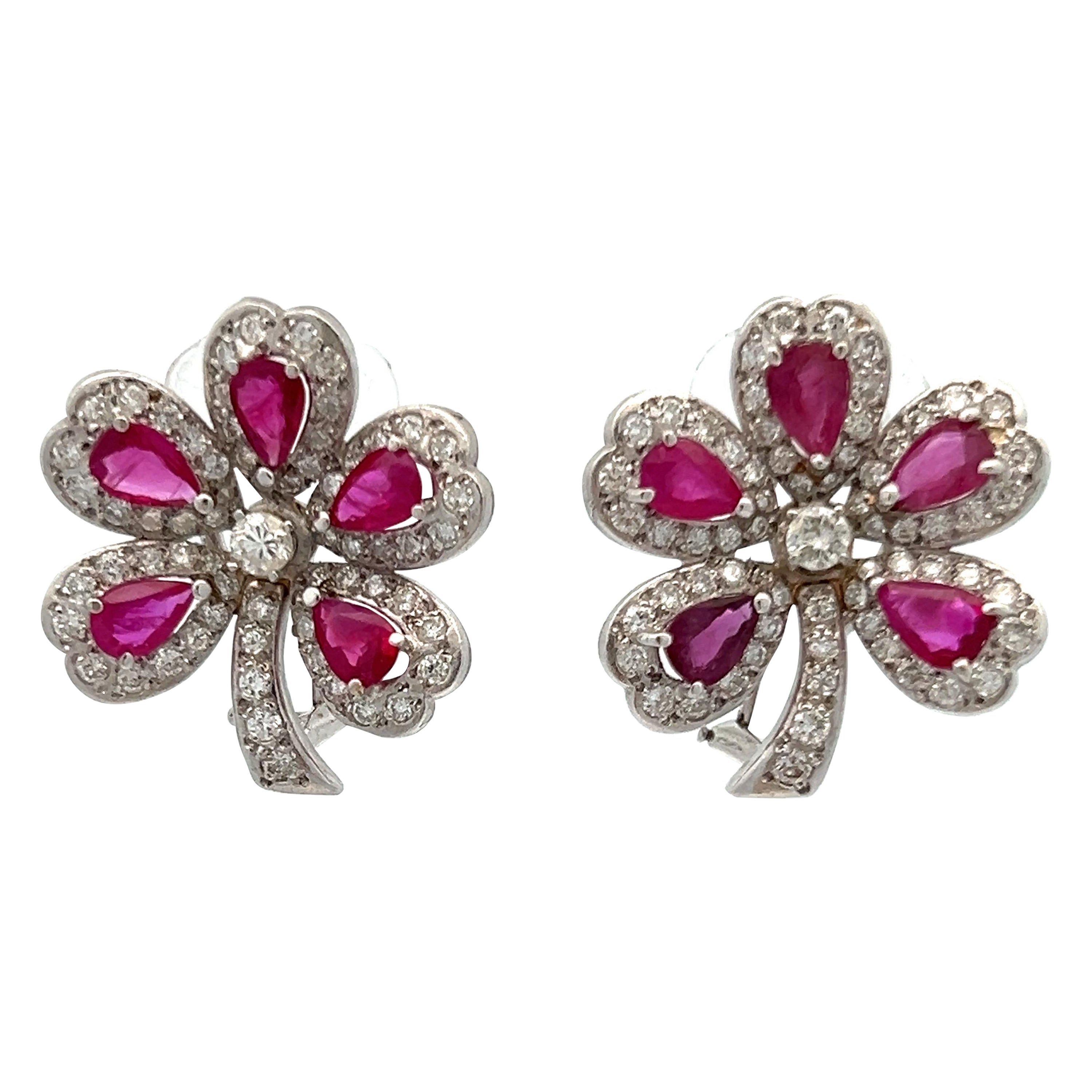 Ruby and Diamond Clover Earrings  For Sale