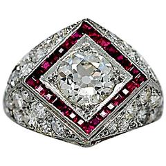 1.25 Carat Diamond Ruby Platinum Art Deco Engagement Ring 