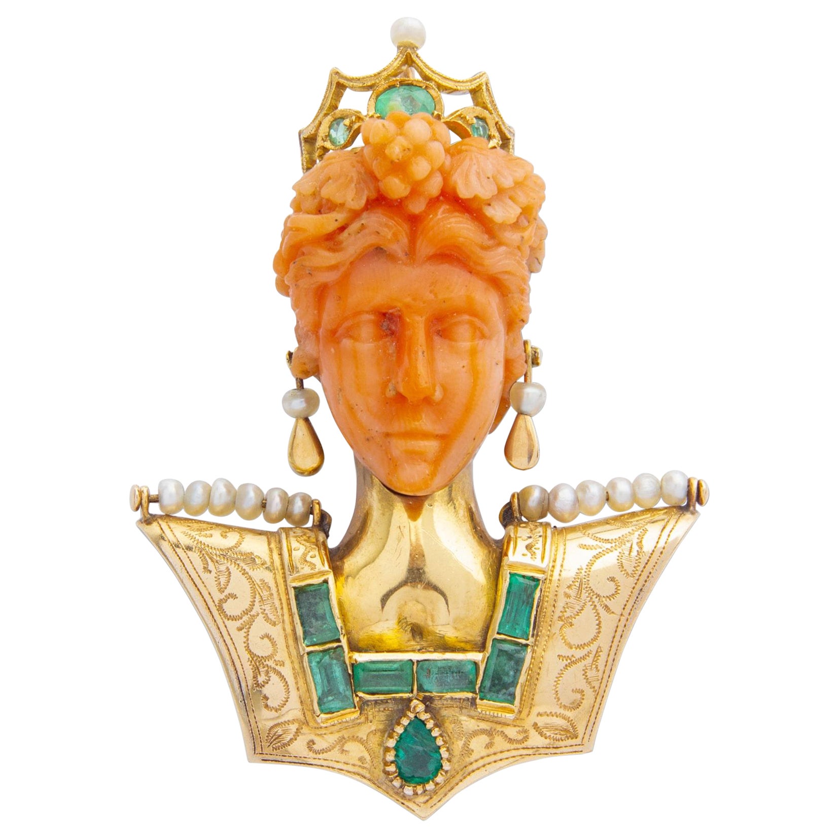 18 Karat Gold, Carved Coral, Emerald & Pearl 'Bust' Brooch Pendant For Sale