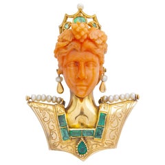 Vintage 18 Karat Gold, Carved Coral, Emerald & Pearl 'Bust' Brooch Pendant