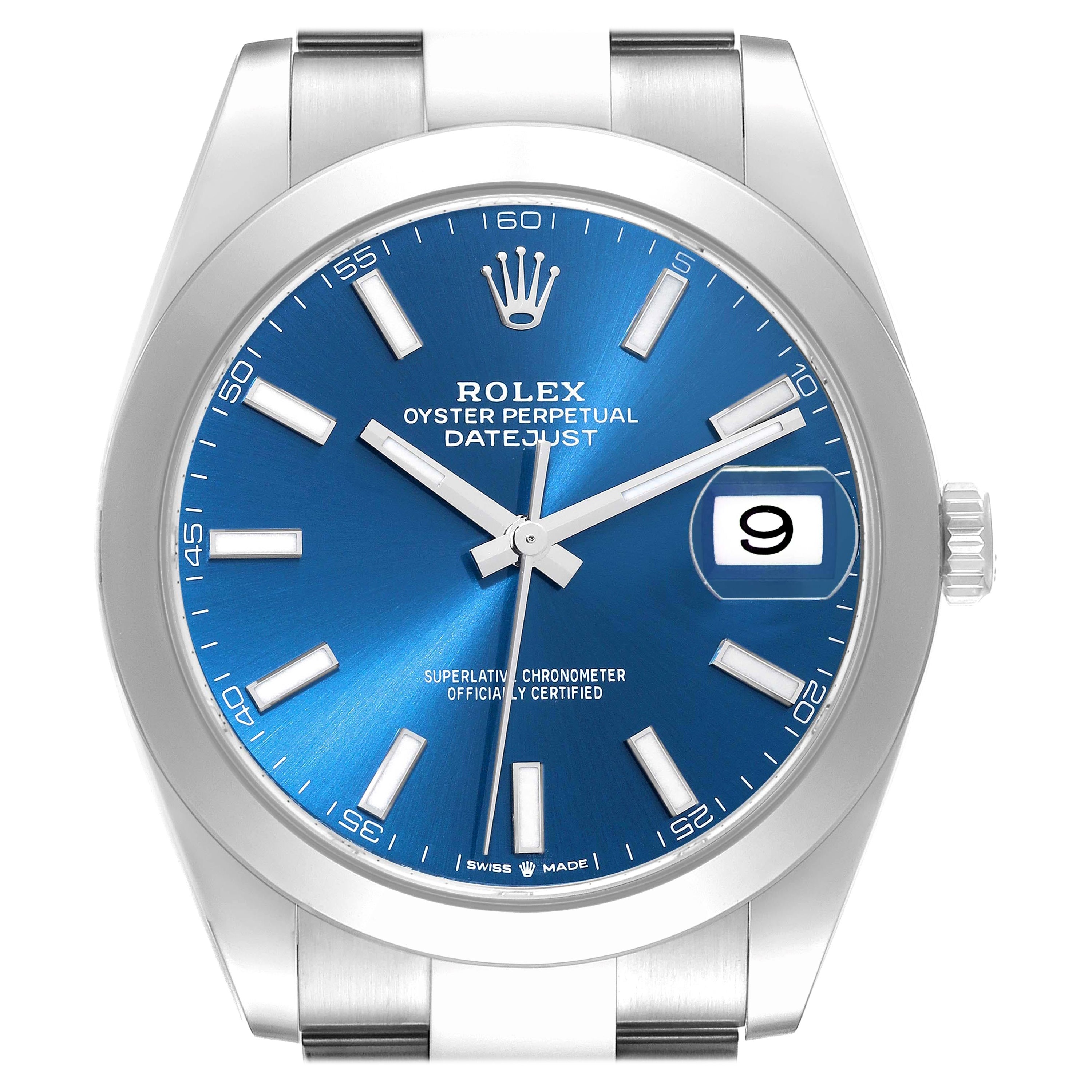 Rolex Datejust 41 Blue Dial Smooth Bezel Steel Mens Watch 126300 Box Card For Sale