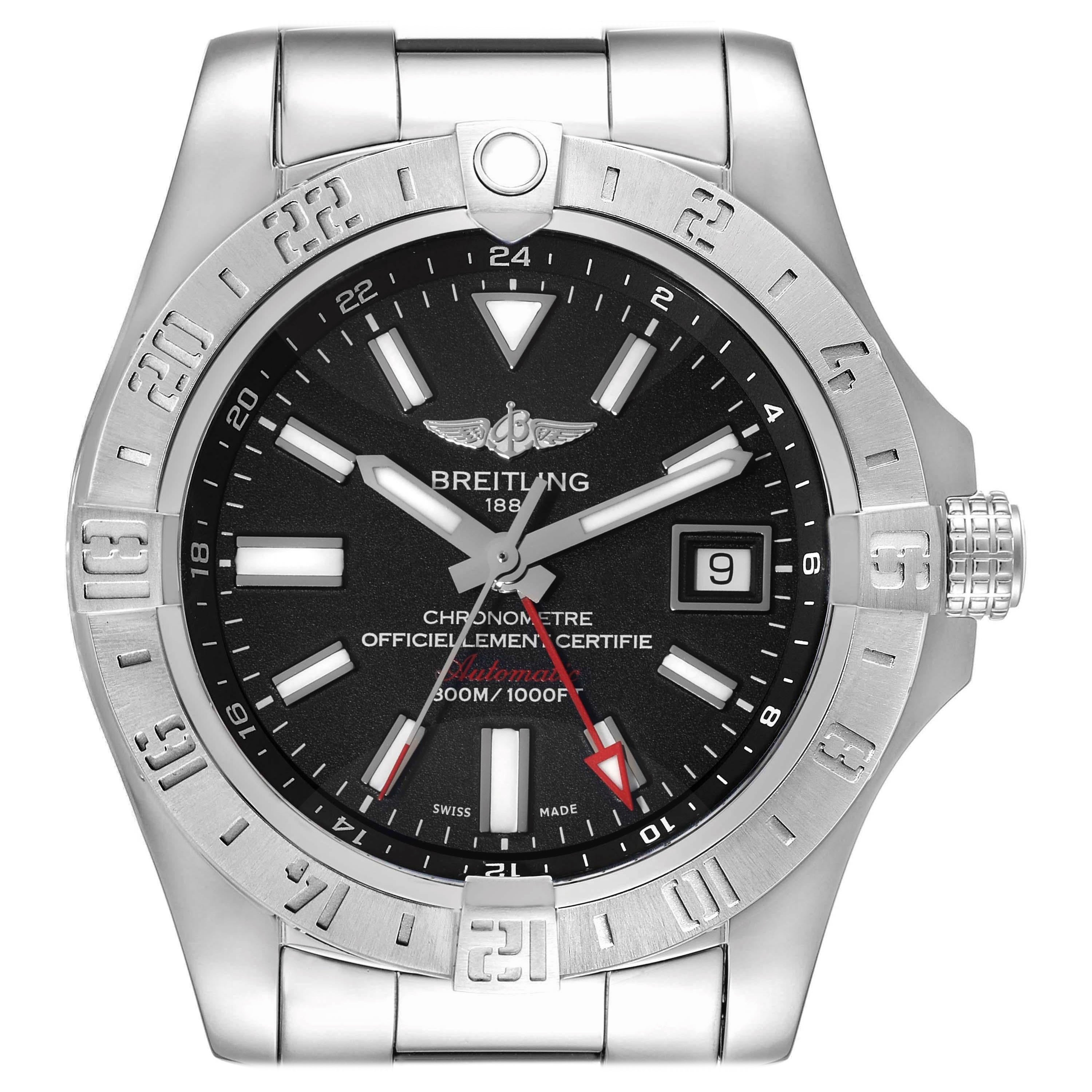 Breitling Aeromarine Avenger II GMT Black Dial Steel Mens Watch A32390 Box Card For Sale