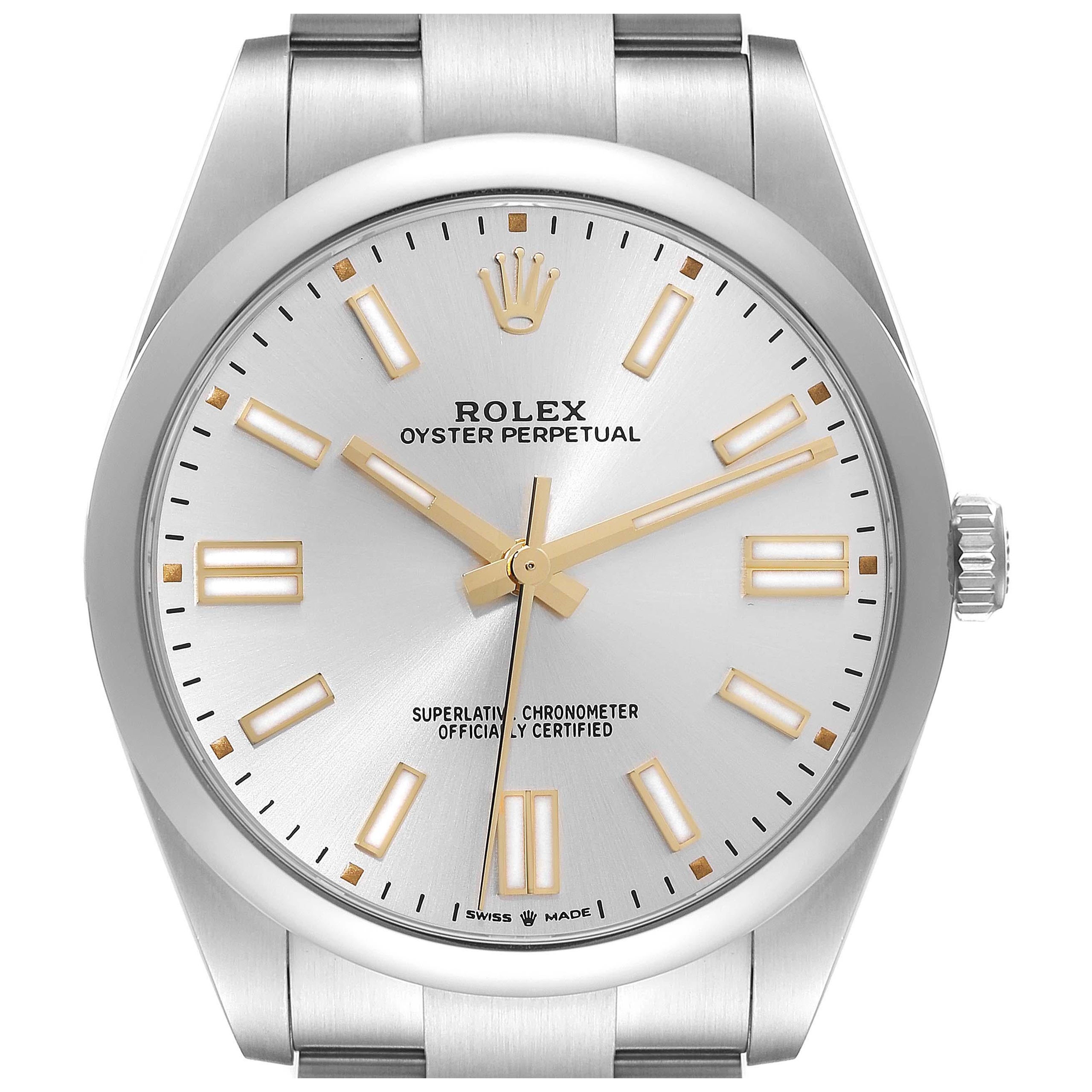 Rolex Oyster Perpetual 41 Silber Zifferblatt Stahl-Herrenuhr 124300 Ungetragen im Angebot