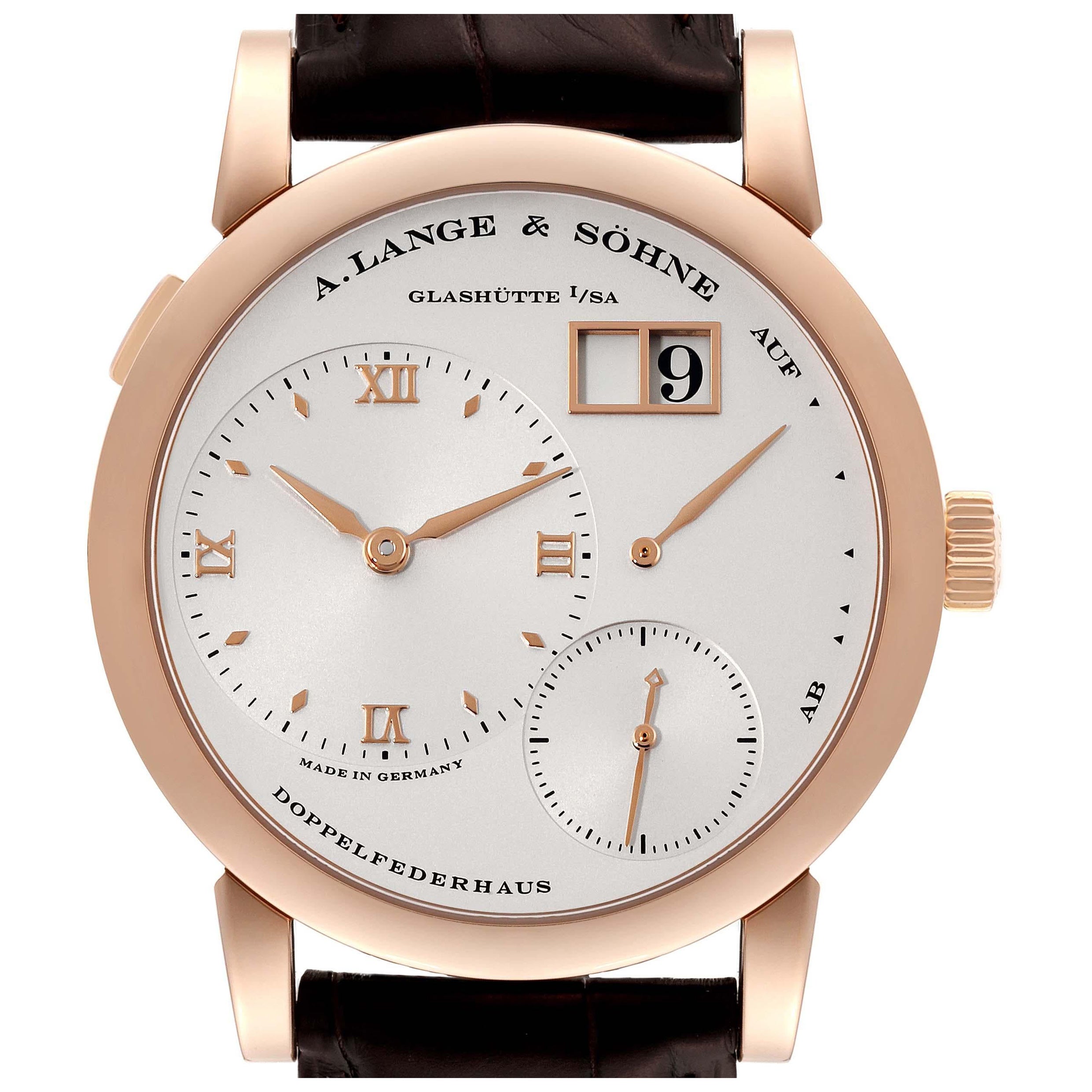 A. Lange and Sohne Lange 1 Rose Gold Silver Dial Mens Watch 101.032 Box Papers For Sale