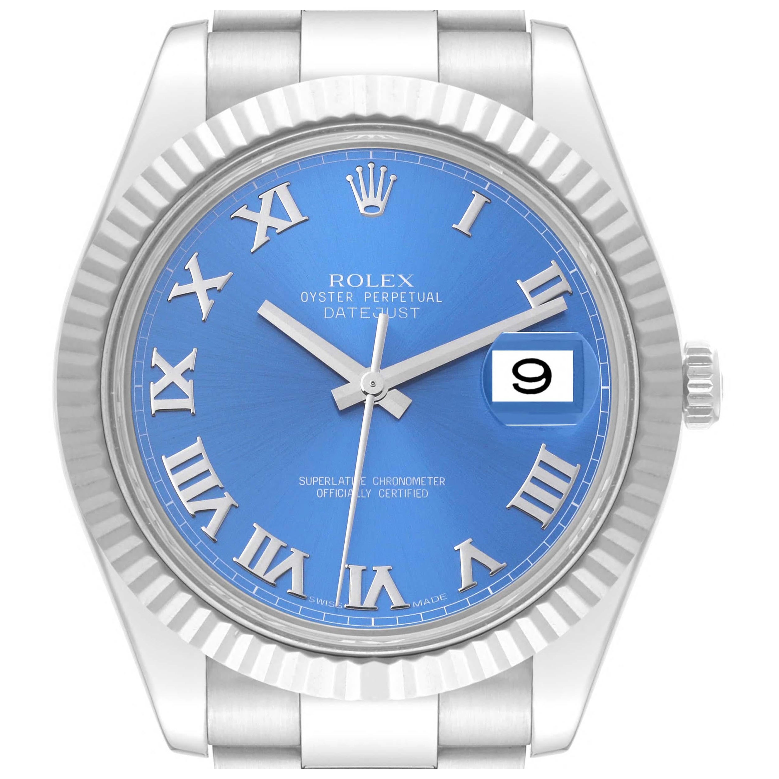 Rolex Datejust II Steel White Gold Blue Roman Dial Mens Watch 116334 For Sale