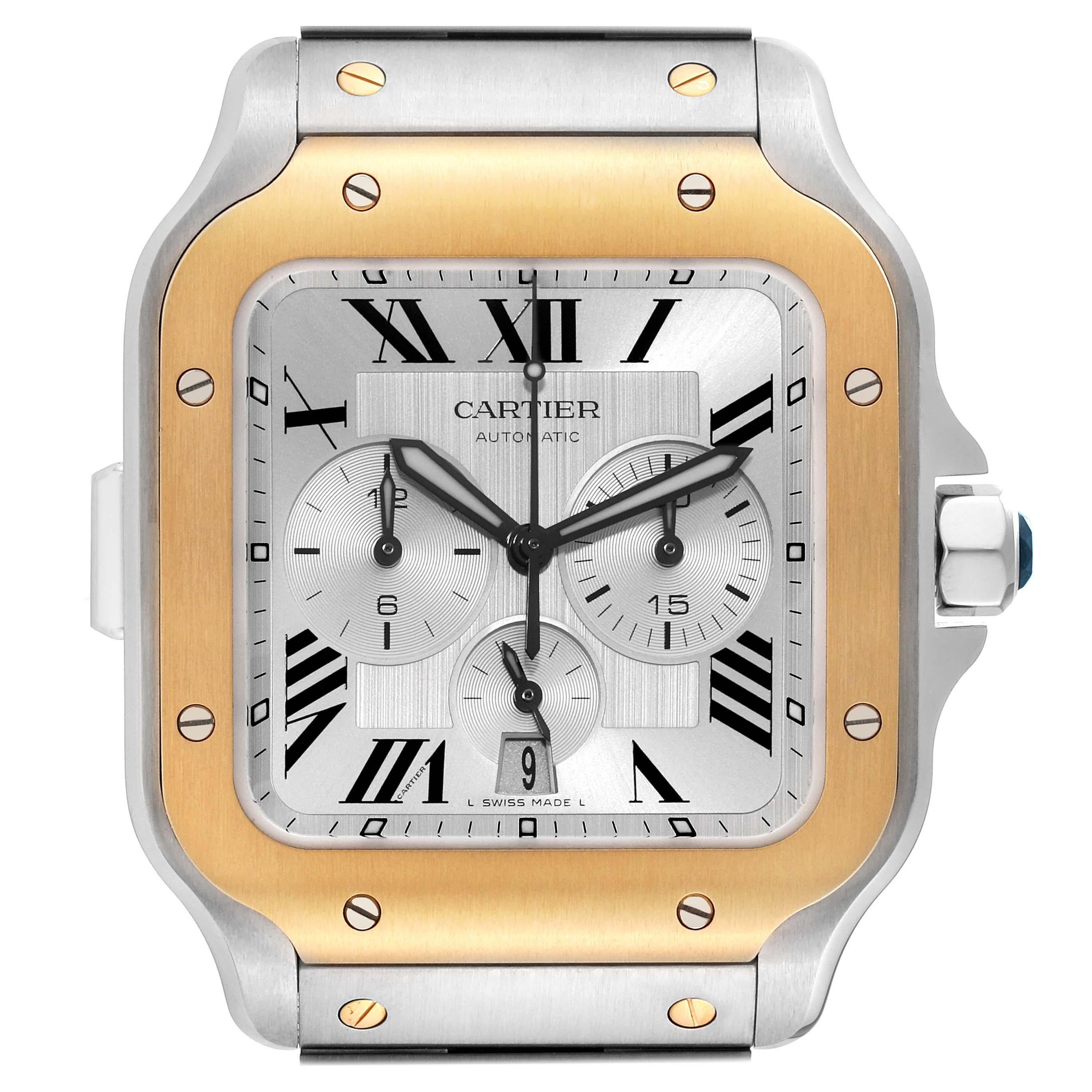 Cartier Santos XL Chronograph Stahl Gelbgold Herrenuhr W2SA0008 Box Kartenetui im Angebot