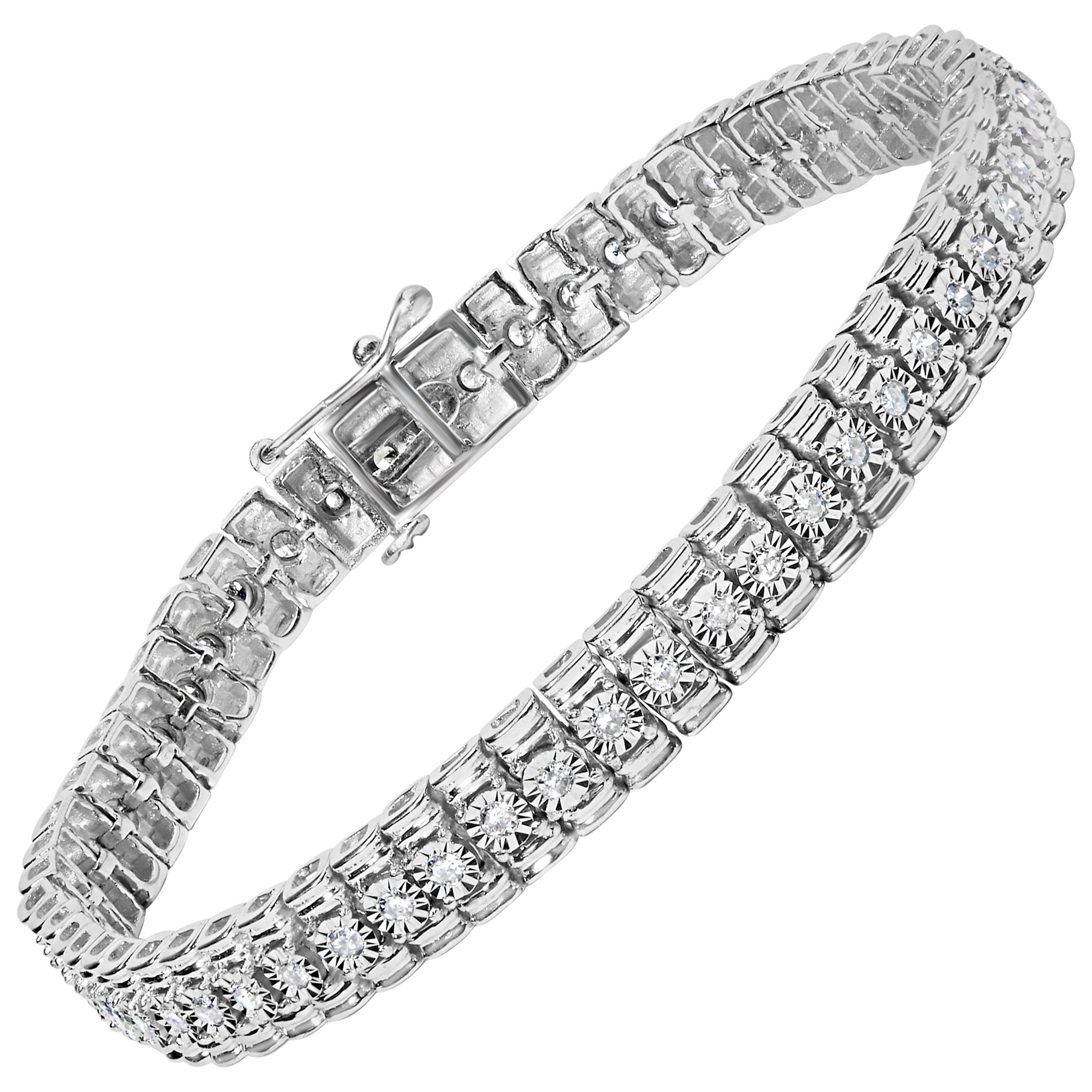 .925 Sterling Silver 1.0 Cttw Diamond Collar Line Link Bracelet For Sale
