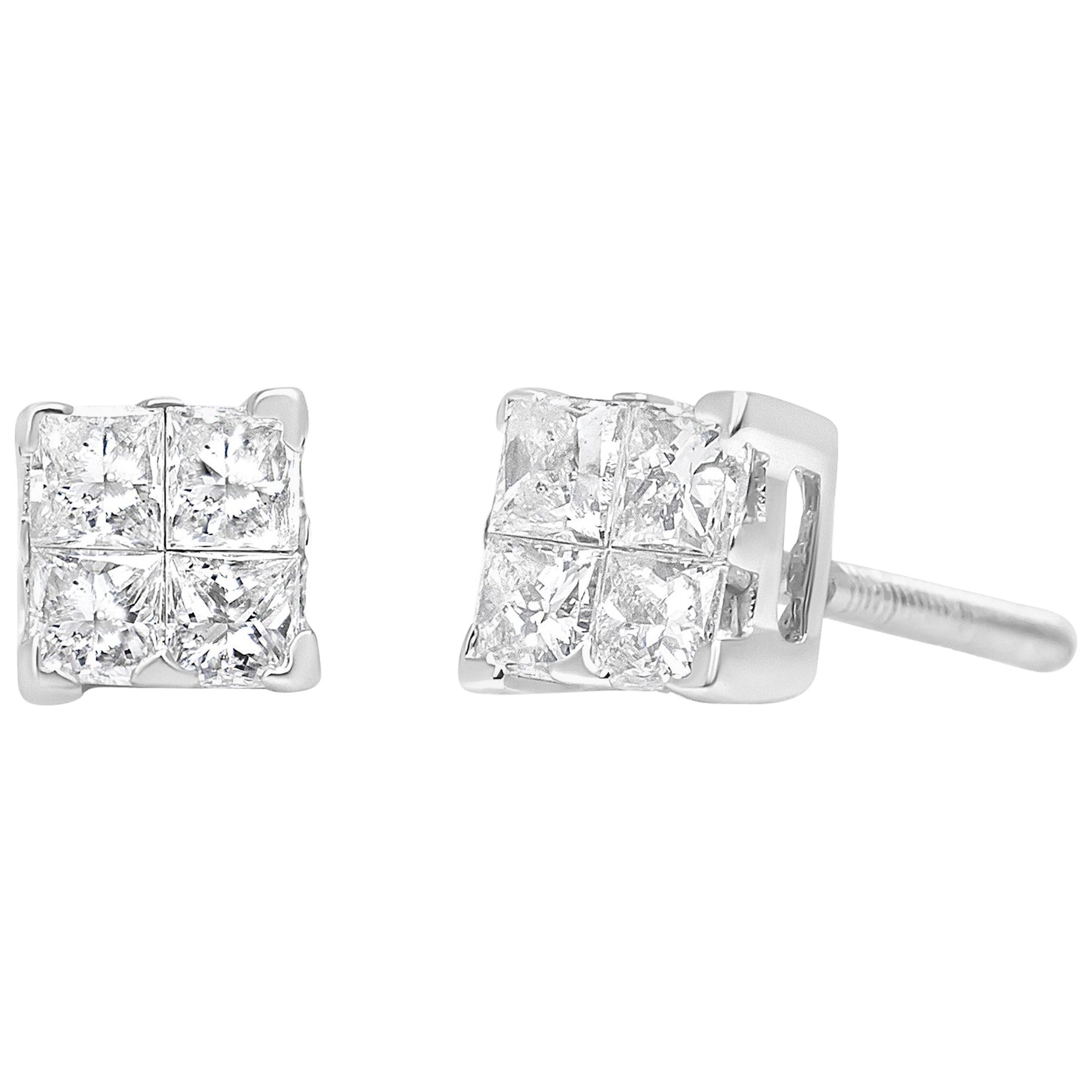 14K White Gold 1/2 Cttw Invisible-Set Princess Diamond Quad Cluster Stud Earring For Sale