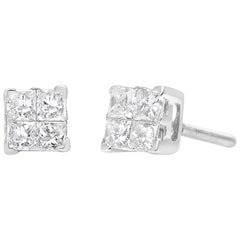 14K White Gold 1/2 Cttw Invisible-Set Princess Diamond Quad Cluster Stud Earring