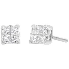 Clous d'oreilles en or blanc 14 carats avec diamants princesses sertis invisibles 1/2 carat