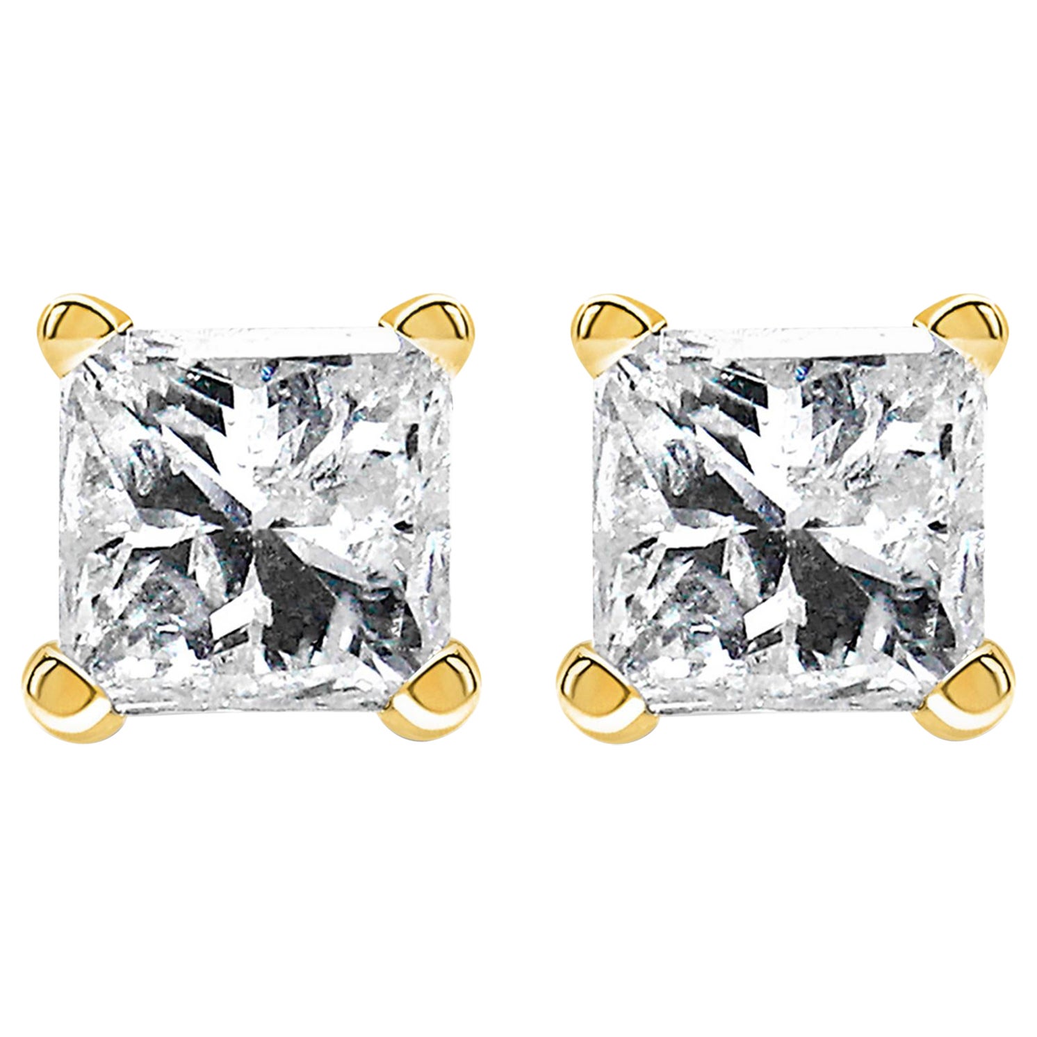 IGI Certified 14K Yellow Gold 1.00 Cttw Square Diamond Solitaire Stud Earrings For Sale