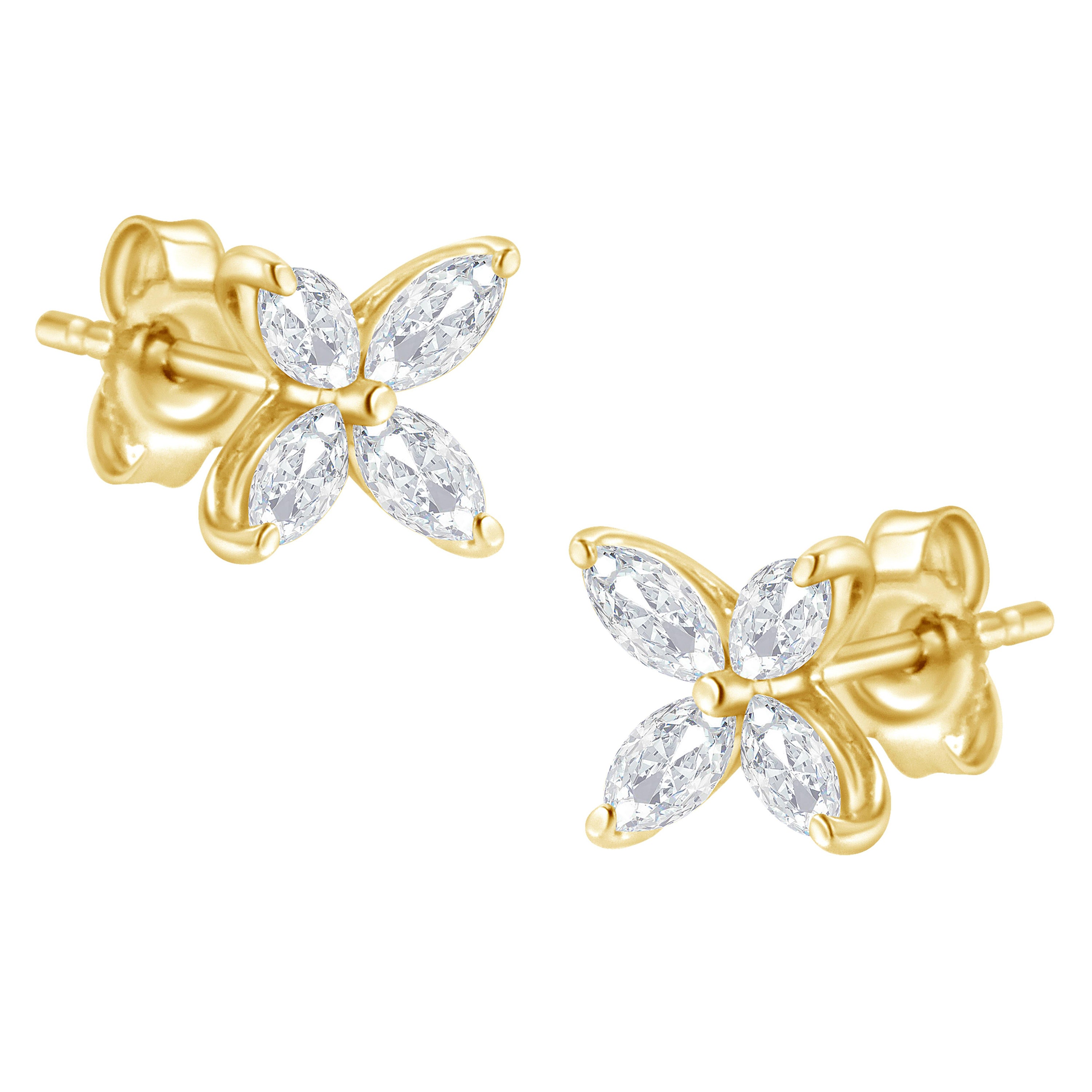 14K Yellow Gold 1/2 Cttw Marquise Diamond 8 Stone Floral Leaf Stud Earrings For Sale