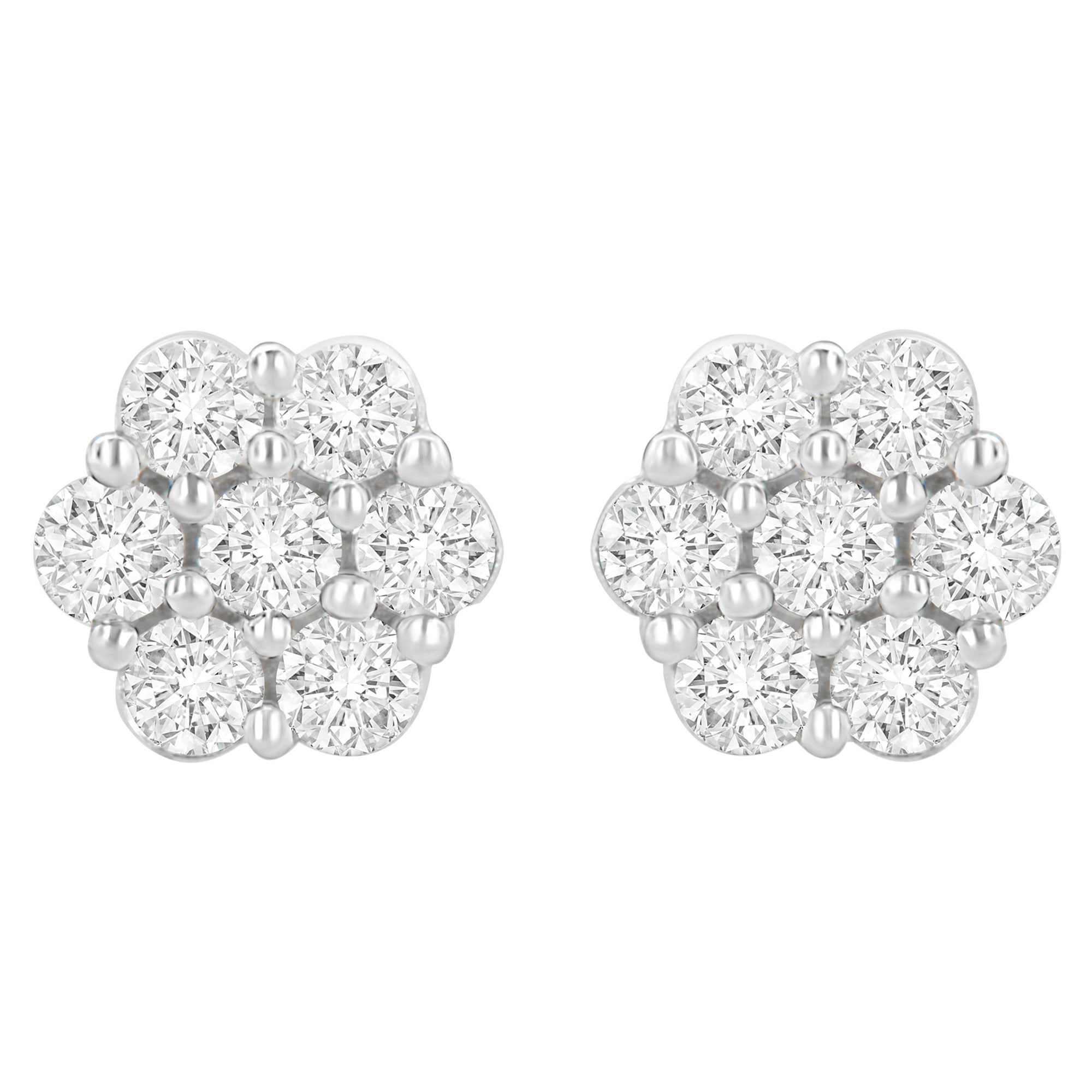 14K White Gold 1 1/2 cttw Round-Cut Diamond Floral Cluster Stud Earrings For Sale