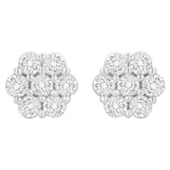 14K White Gold 1 1/2 cttw Round-Cut Diamond Floral Cluster Stud Earrings