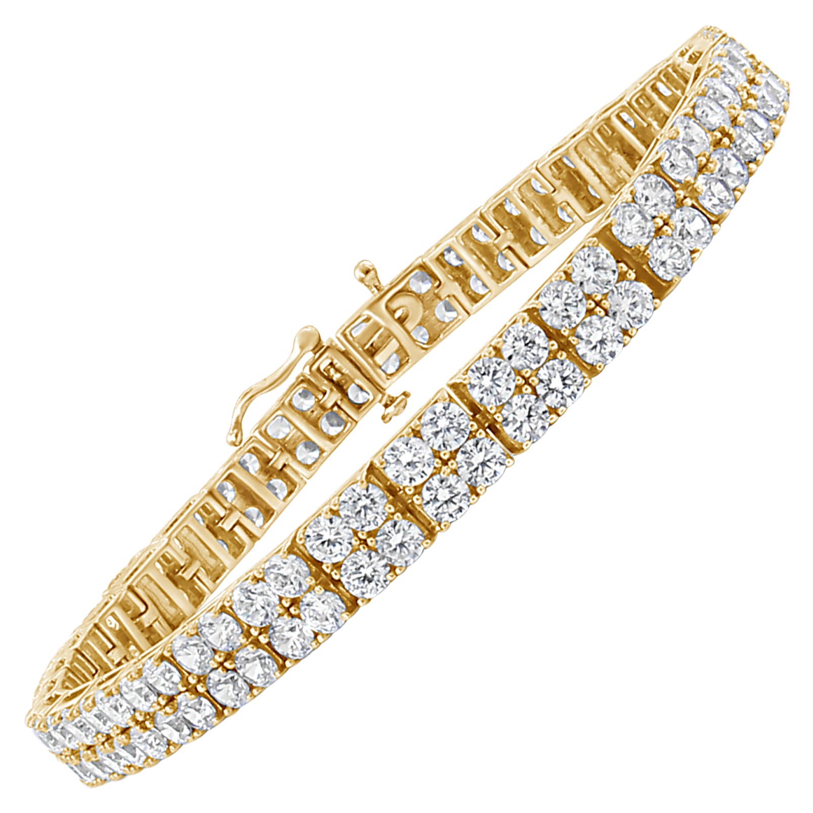 Bracelet tennis à 2 rangées en or jaune 14 carats et diamants 10,0 carats en vente
