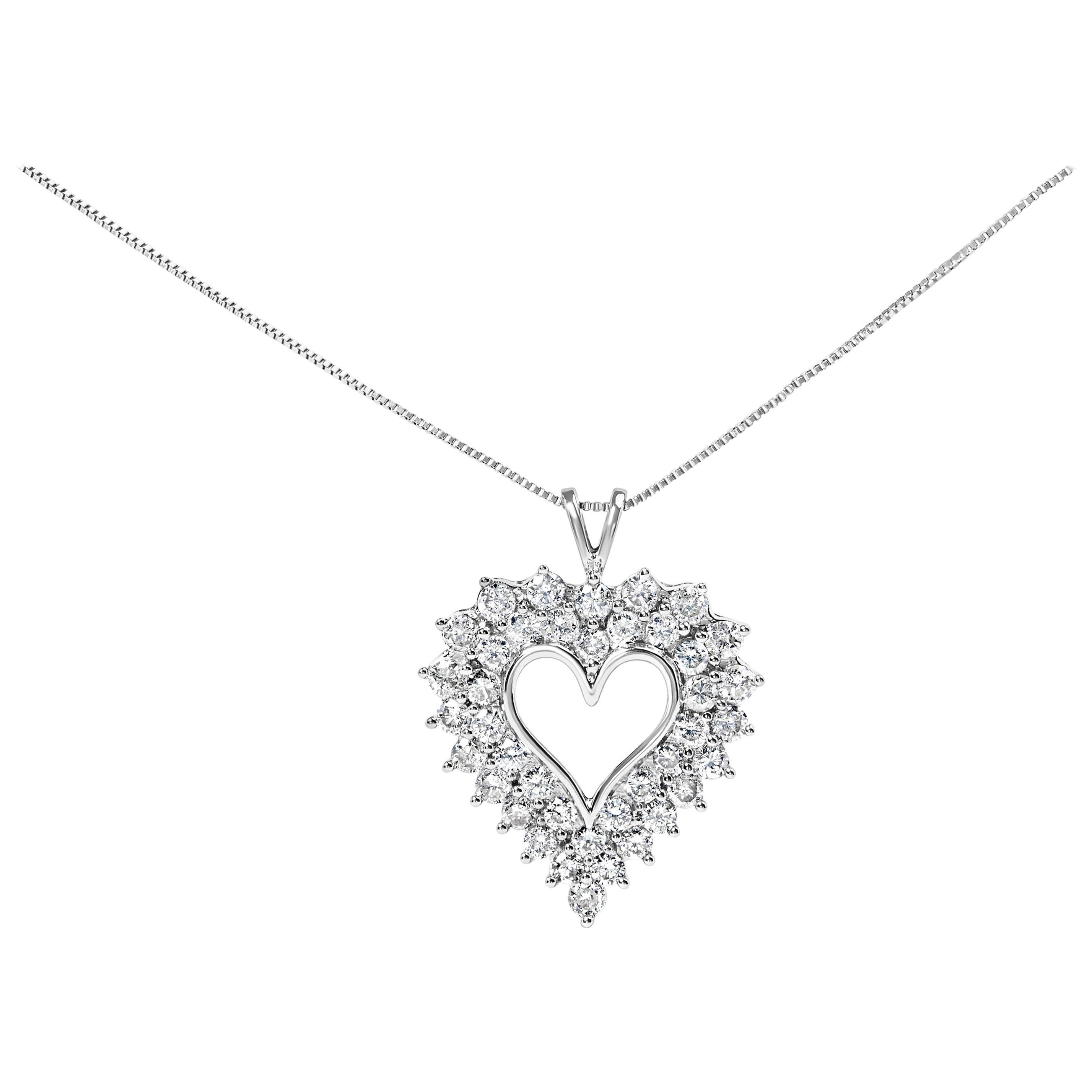 925 Sterling Silver 4.0 Cttw Diamond Two Row Open Heart 18" Pendant Necklace For Sale