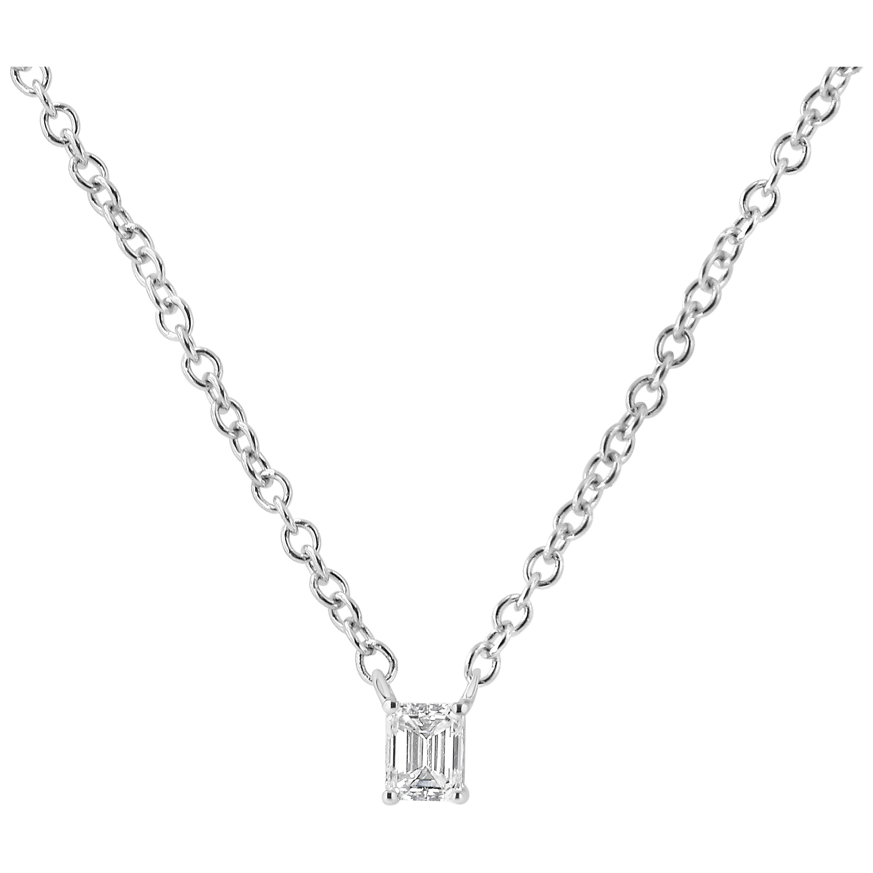 14K White Gold 1/5 Cttw Emerald Shape Solitaire Diamond 18" Pendant Necklace For Sale