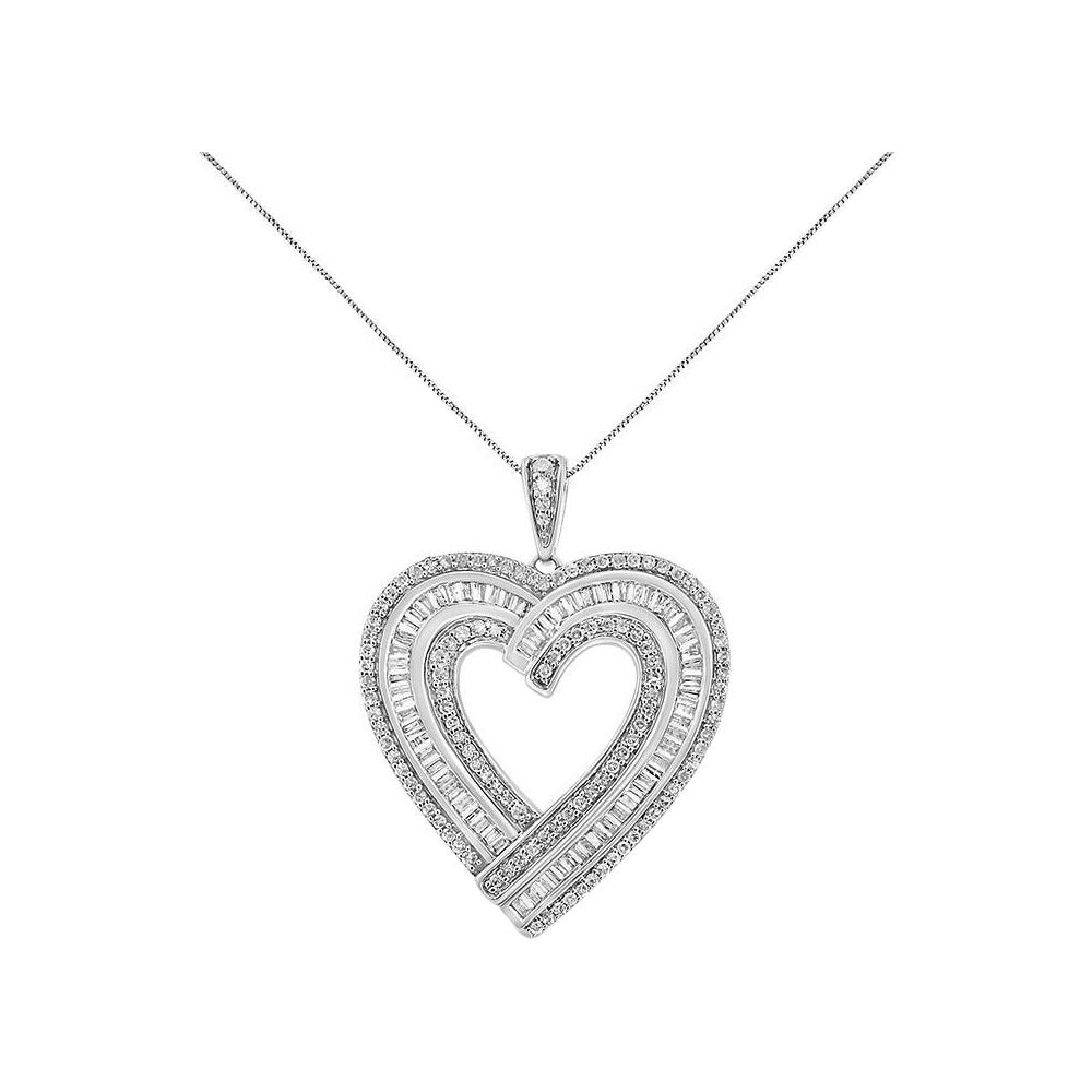 .925 Sterling Silver 1 3/8 Ct Baguette Diamond Composite Heart Pendant Necklace For Sale
