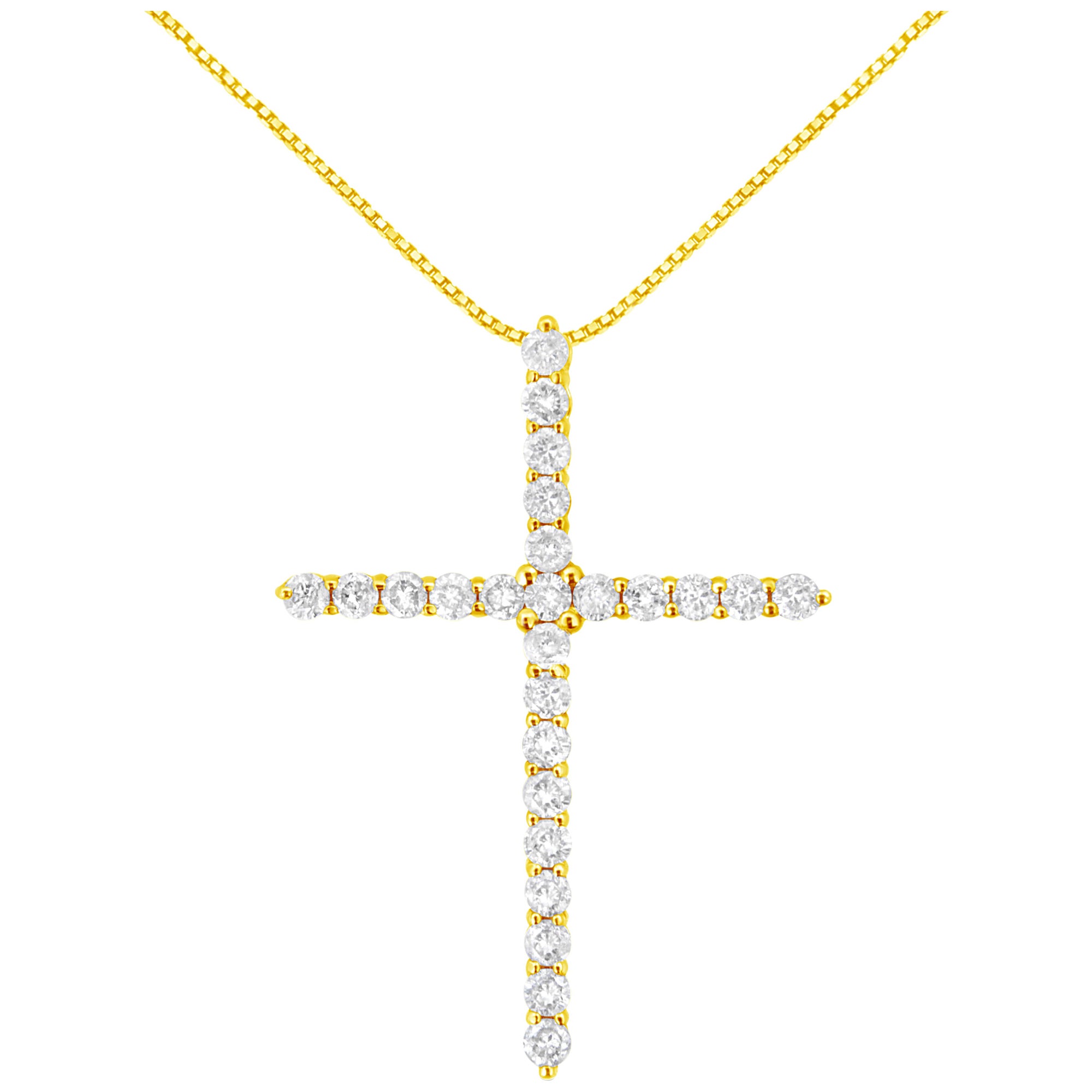 10K Yellow Gold 2.0 Cttw Round Diamond Cross Pendant Necklace with Box Chain For Sale