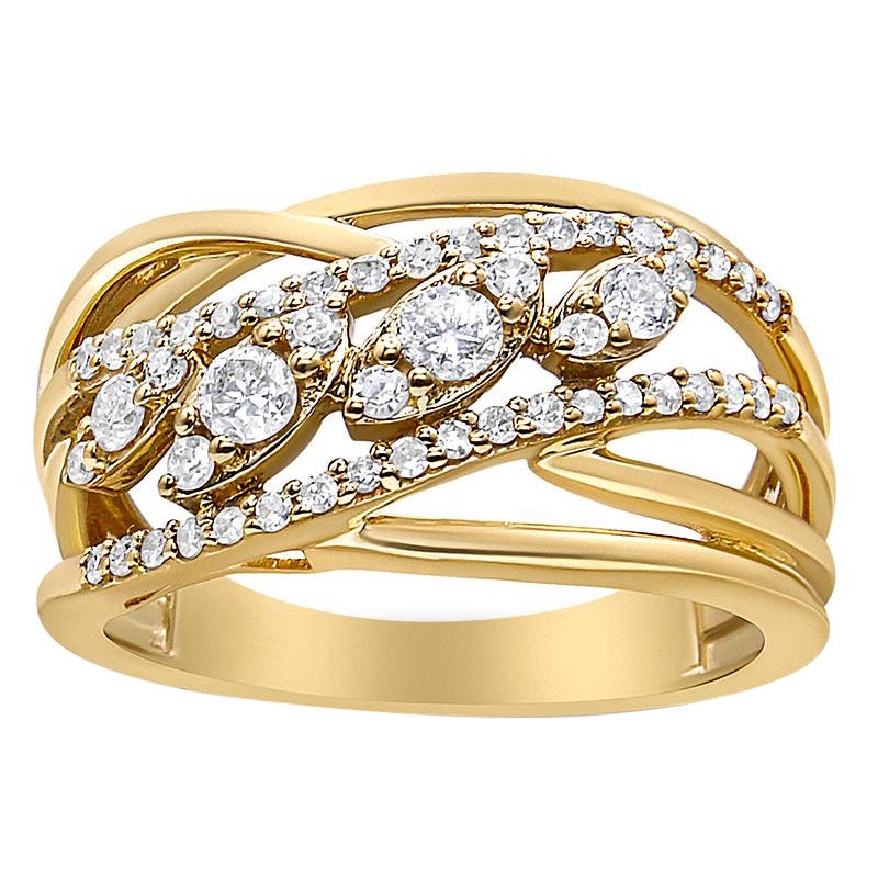10K Yellow Gold 1/2 Cttw Round-Cut Multi Row Diamond Split Shank Cocktail Ring For Sale