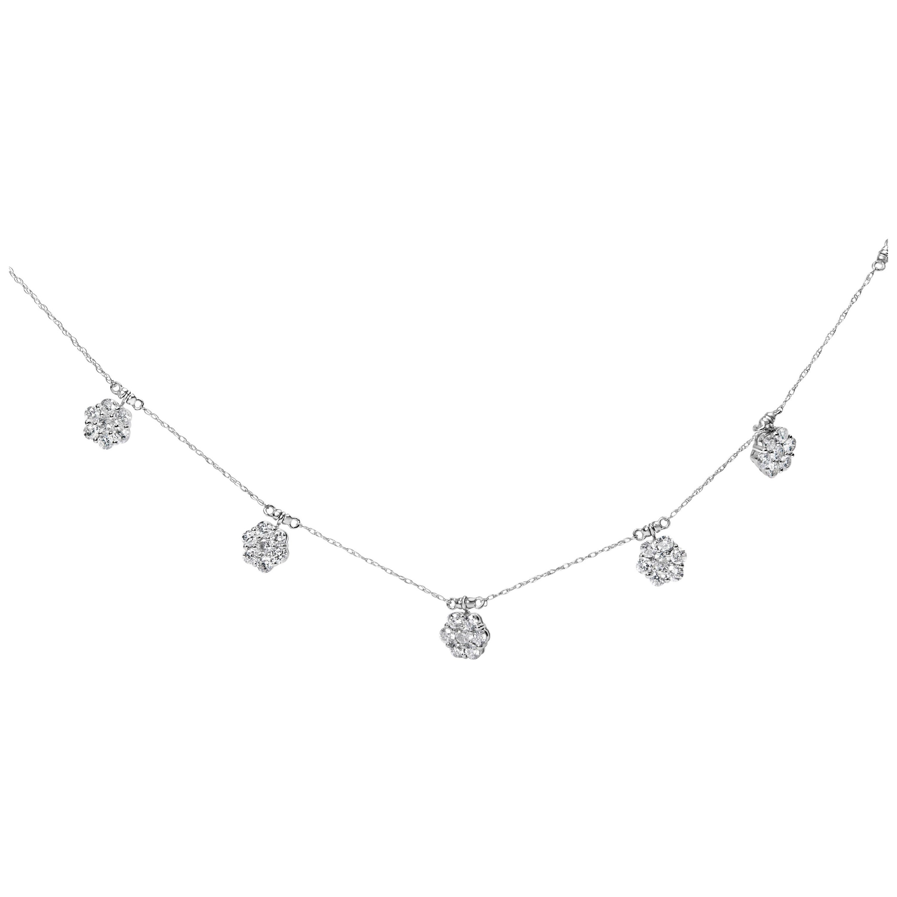 10K White Gold 3.0 Cttw Round-Cut Diamond 7 Stone Cluster Station Necklace For Sale