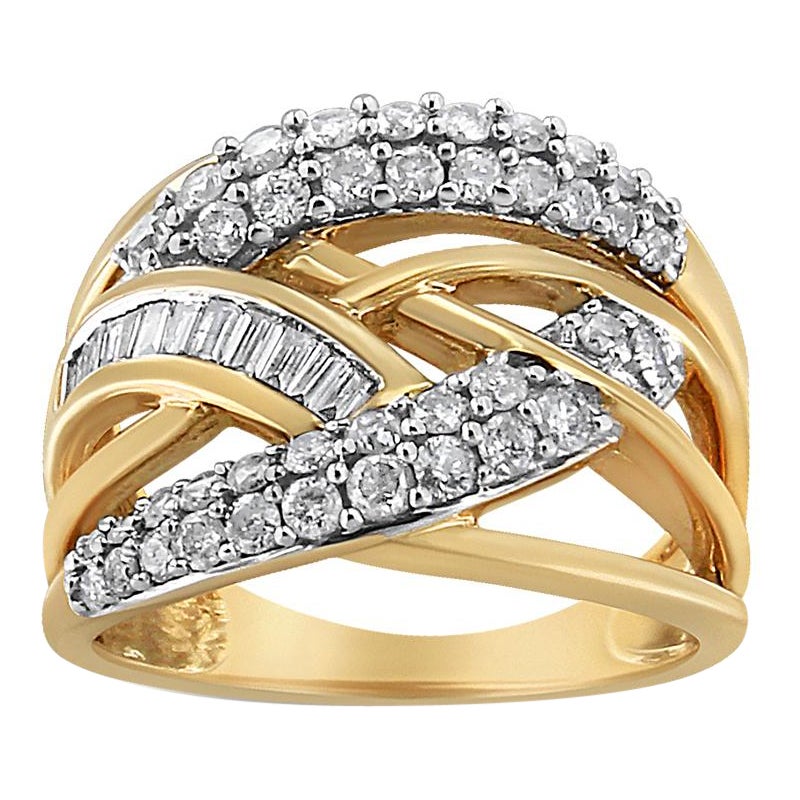 10K Yellow and White Gold 1.0 Cttw Diamond Multirow Interwoven Cocktail Ring For Sale