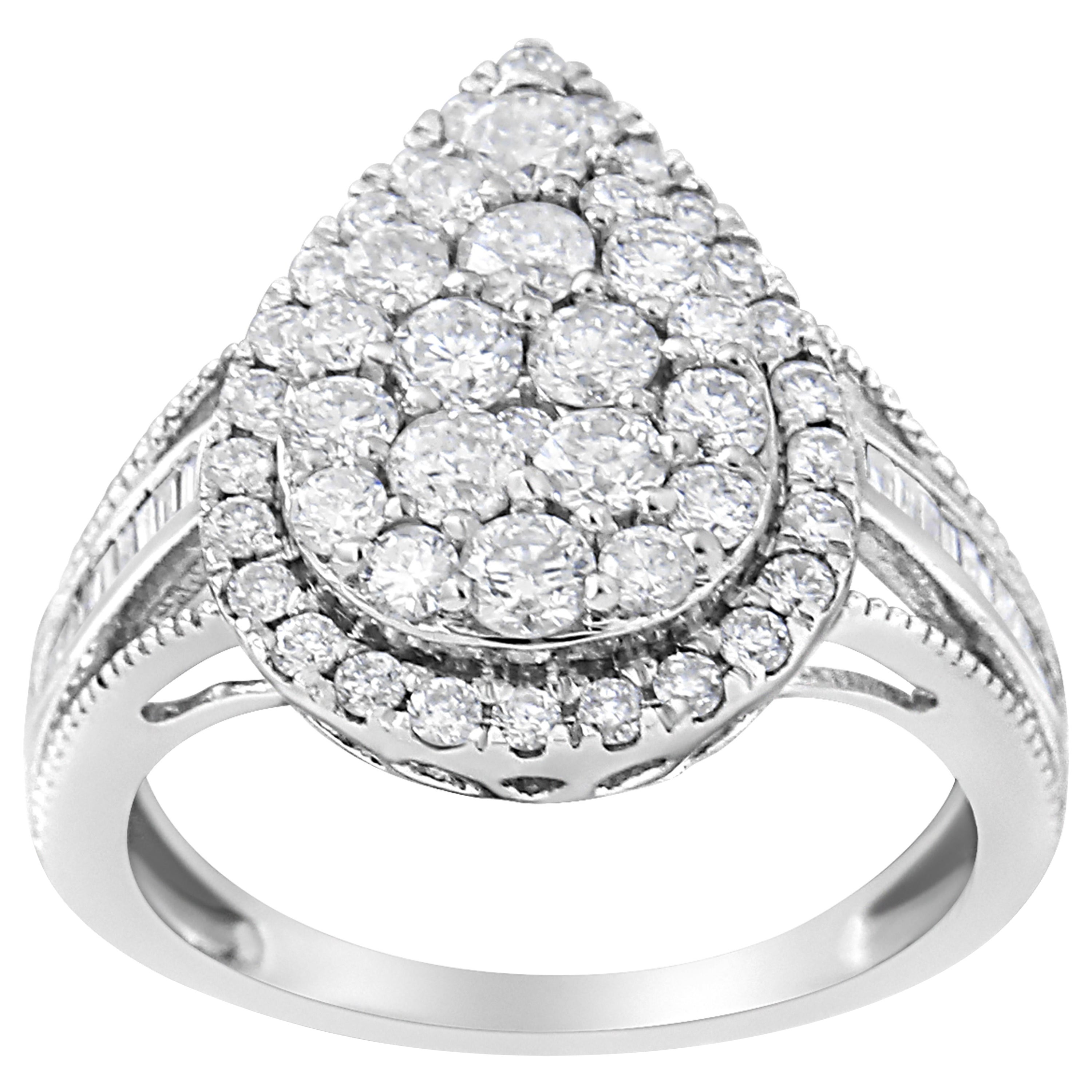 .925 Sterling Silver 1 1/2 Cttw Round-Cut Diamond Pear Shaped Halo Cocktail Ring For Sale