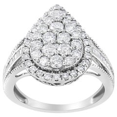 .925 Sterling Silver 1 1/2 Cttw Round-Cut Diamond Pear Shaped Halo Cocktail Ring