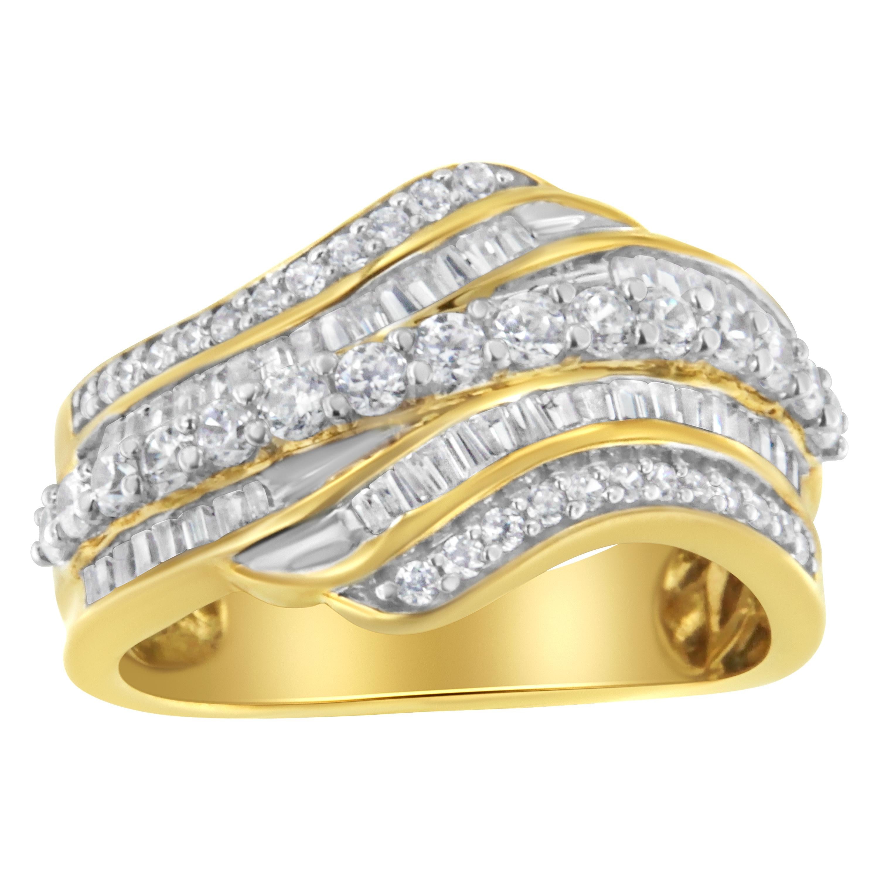 10K Yellow Gold 1.0 Cttw Baguette and Round Diamond Multi-Row Wave Bypass Ring For Sale
