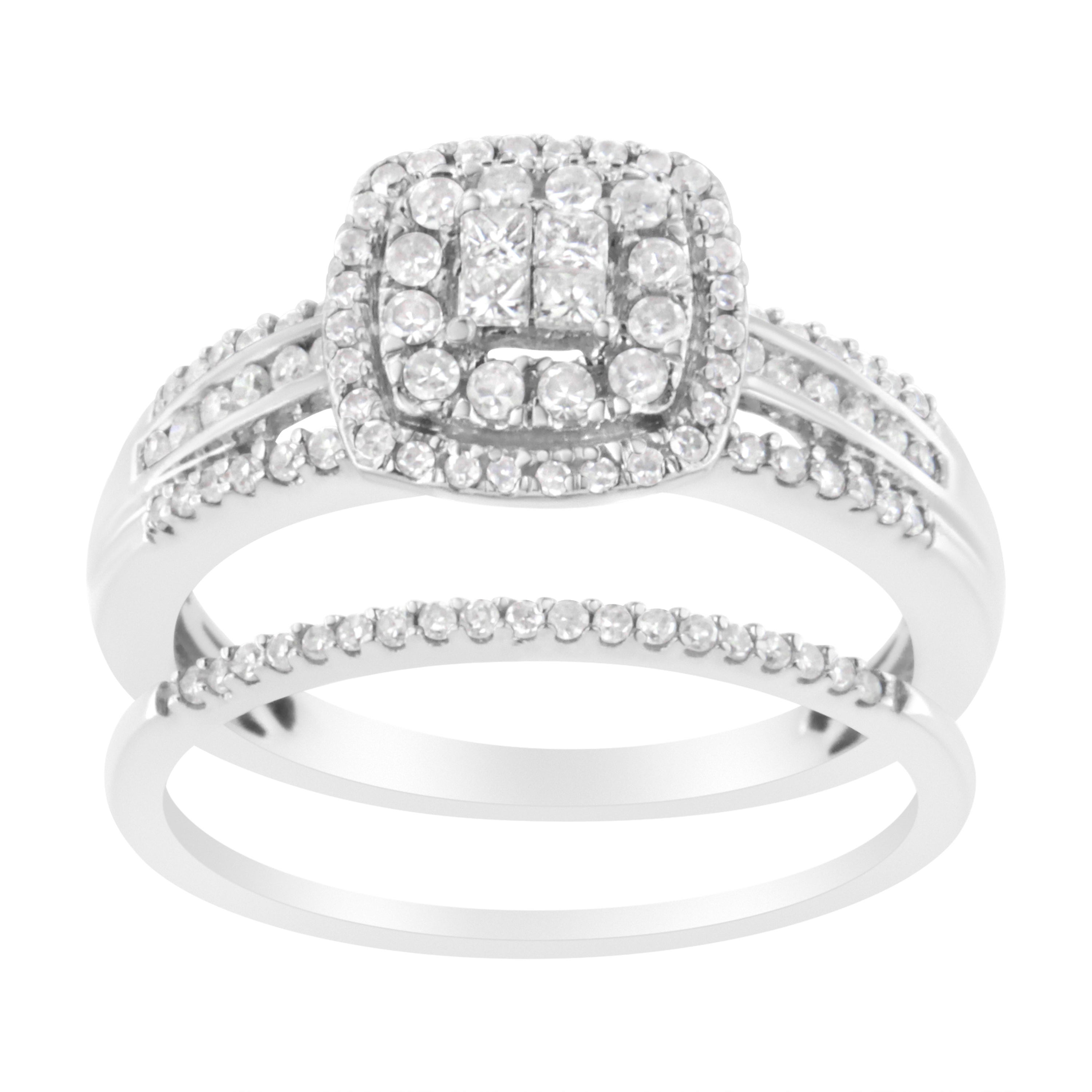 10K White Gold 1/2 cttw Round and Princess Diamond Engagement Ring and Band Set For Sale
