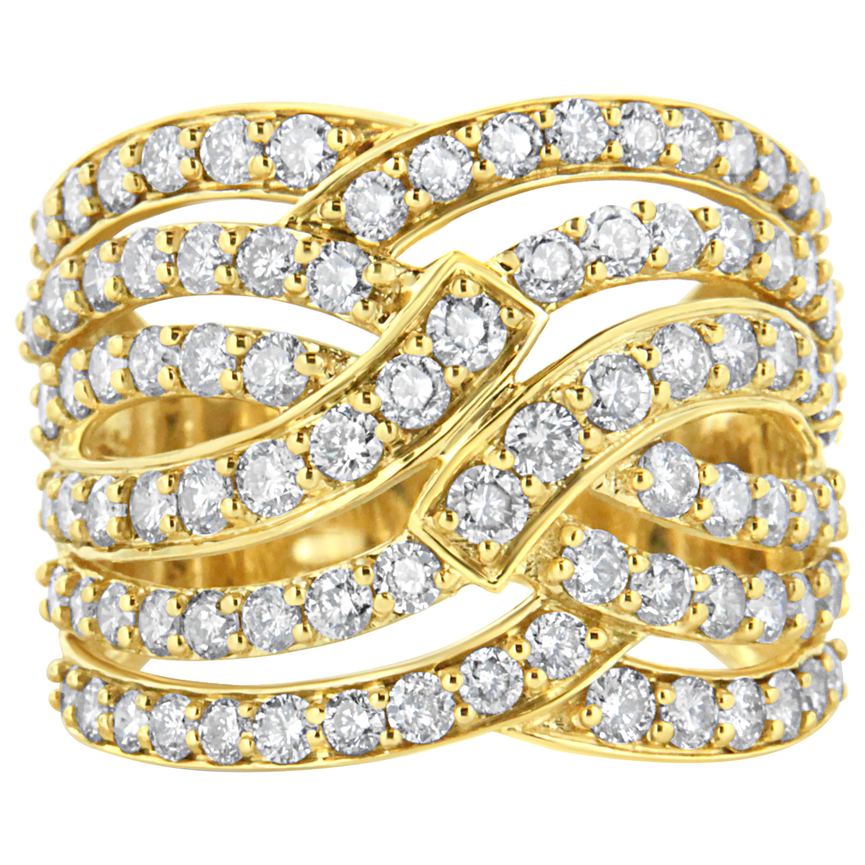 10K Yellow Gold 3.00 Cttw Diamond Multi Row Bypass Wave Cocktail Band Ring For Sale