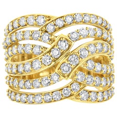 10K Yellow Gold 3.00 Cttw Diamond Multi Row Bypass Wave Cocktail Band Ring